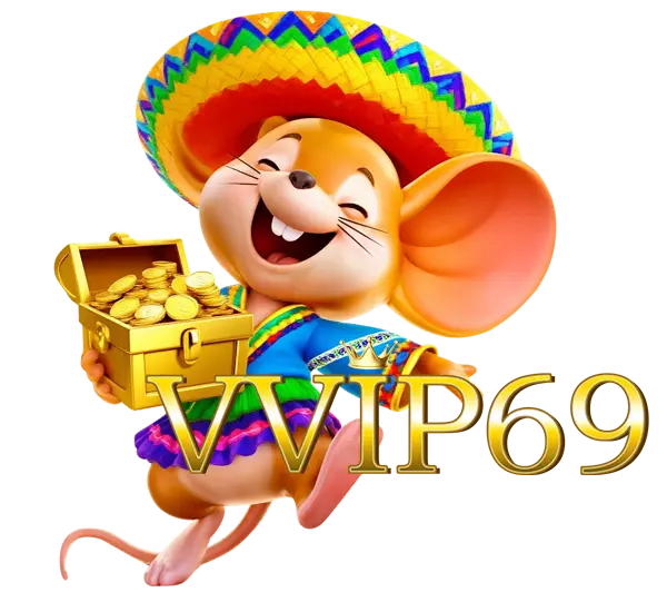 VVIP69 ฮีโร่บล็อกคาสิโน ตัวการ์ตูนหนูสวมหมวกสีสดถือถ้วยทอง ดีไซน์สนุกสนาน สื่อถึงโชคลาภ รางวัลใหญ่ และเกมคาสิโนออนไลน์ครบวงจร