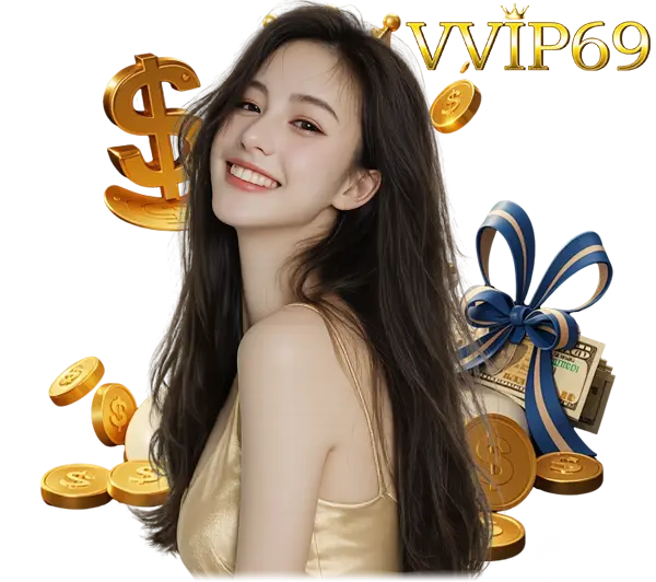 VVIP69 ฮีโร่หน้าเว็บคาสิโน ภาพผู้หญิงยิ้มสดใสพร้อมเหรียญทองและของขวัญโทนทองพรีเมียม สื่อถึงโบนัสจัดเต็ม กำไรต่อเนื่อง และสิทธิพิเศษระดับวีไอพี