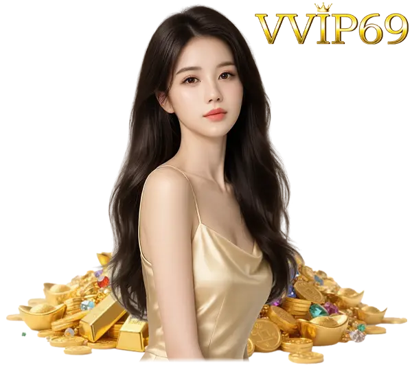 VVIP69 ฮีโร่หน้าเว็บคาสิโน ภาพผู้หญิงชุดทองนั่งท่ามกลางกองเหรียญทอง โทนพรีเมียมหรู สื่อถึงโบนัสแตกง่าย กำไรต่อเนื่อง และสิทธิพิเศษระดับวีไอพี