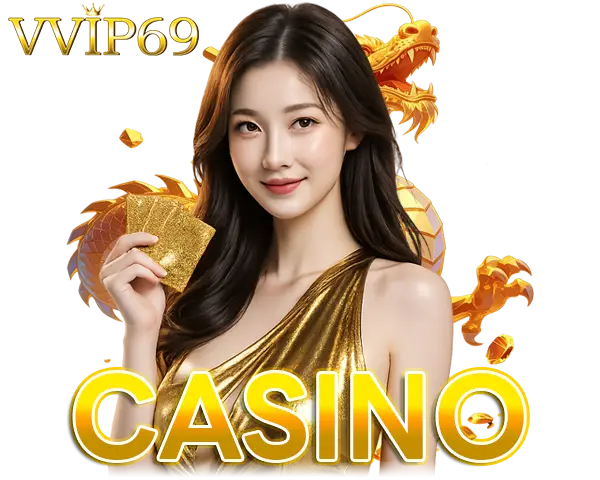 VVIP69 คาสิโนสดเว็บตรง ภาพผู้หญิงถือเหรียญทองพร้อมกราฟิกคำว่า CASINO โทนทองหรู สื่อถึงเกมบาคาร่า รูเล็ต และโบนัสระดับวีไอพี