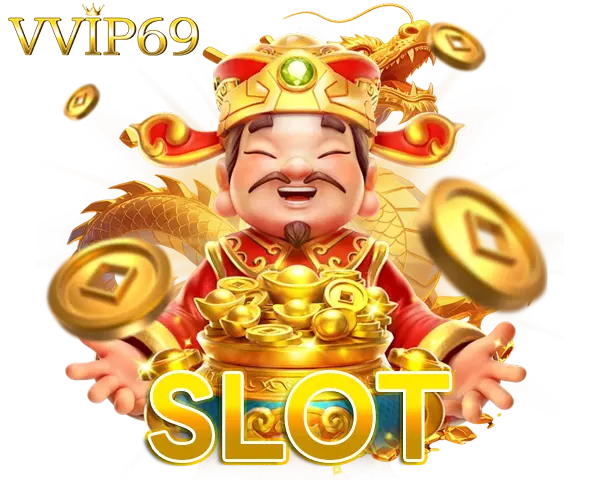 VVIP69 สล็อตเว็บตรง ภาพเทพเจ้าแห่งโชคลาภถือเหรียญทองล้อมรอบคำว่า SLOT สื่อถึงแจ็คพอตแตกง่าย โบนัสใหญ่ และกำไรต่อเนื่องv